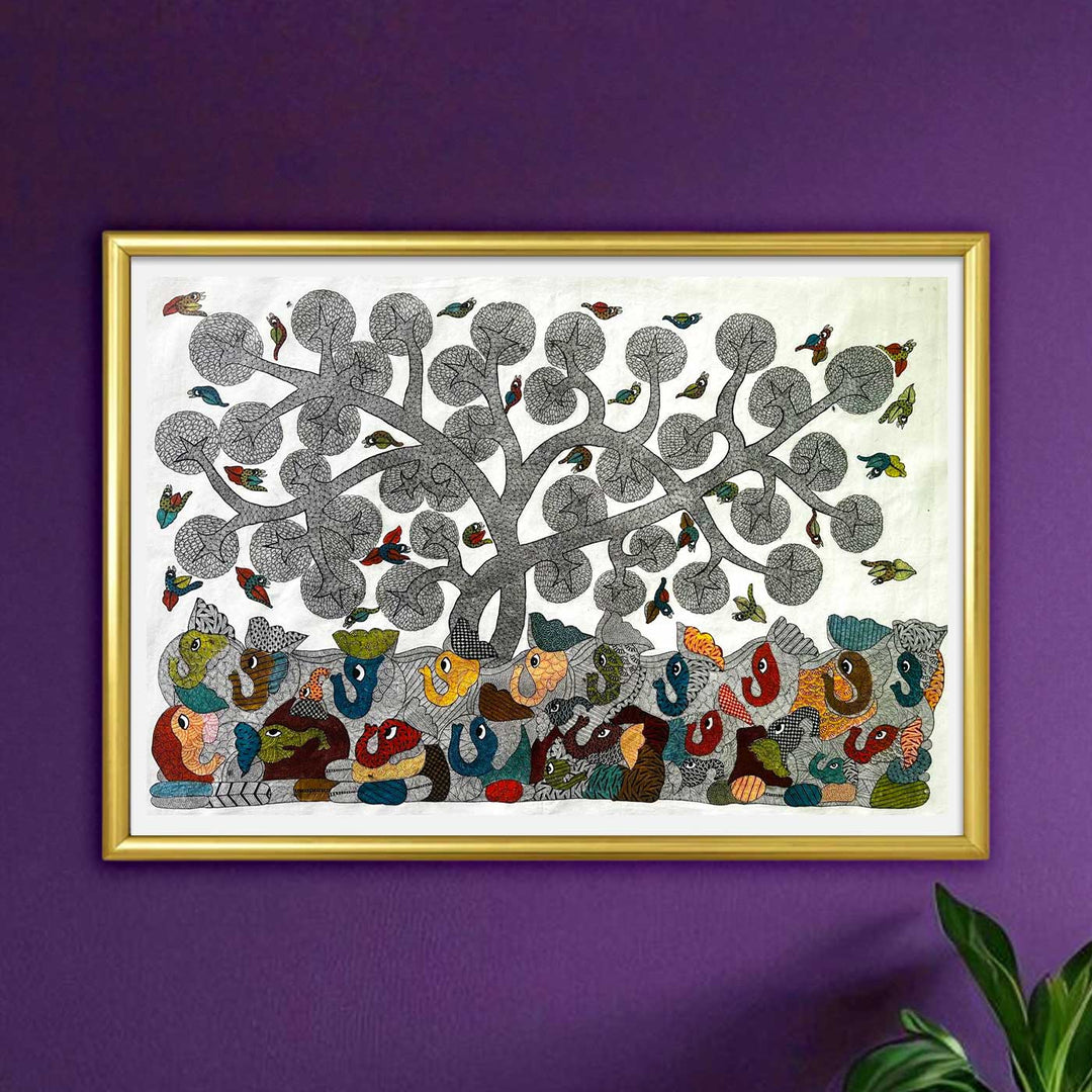 24 x 36 Inch | Earthbound and Skybound | Original Hand Painted Tribal Gond Art Painting | Acrylic Paints On Paper