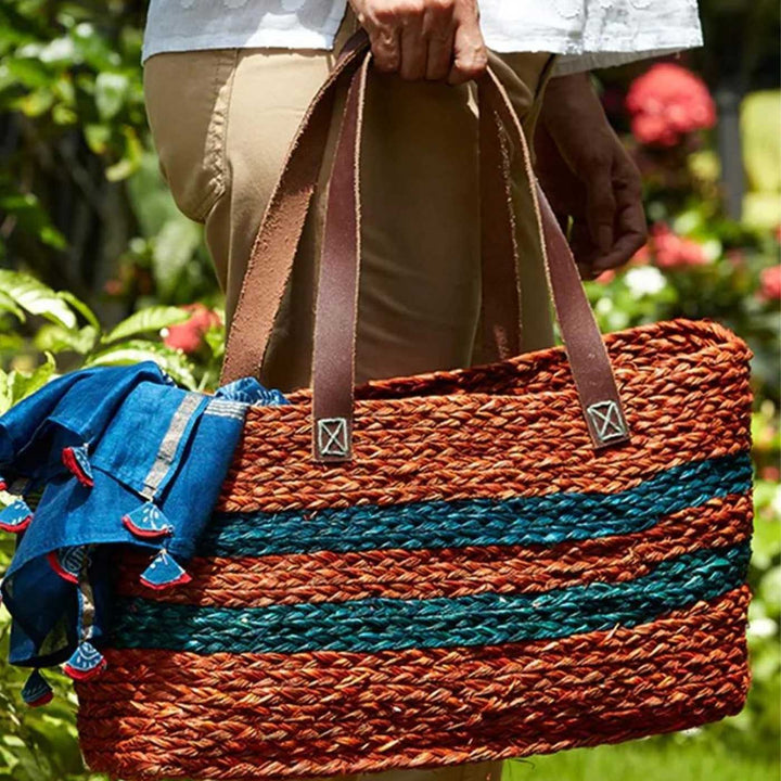 Handmade Grass Woven Double Striped Sabai Mesh Handbag