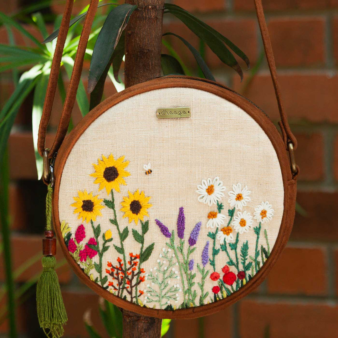Personalized Embroidered Bee & Wildflowers Round Sling Bag