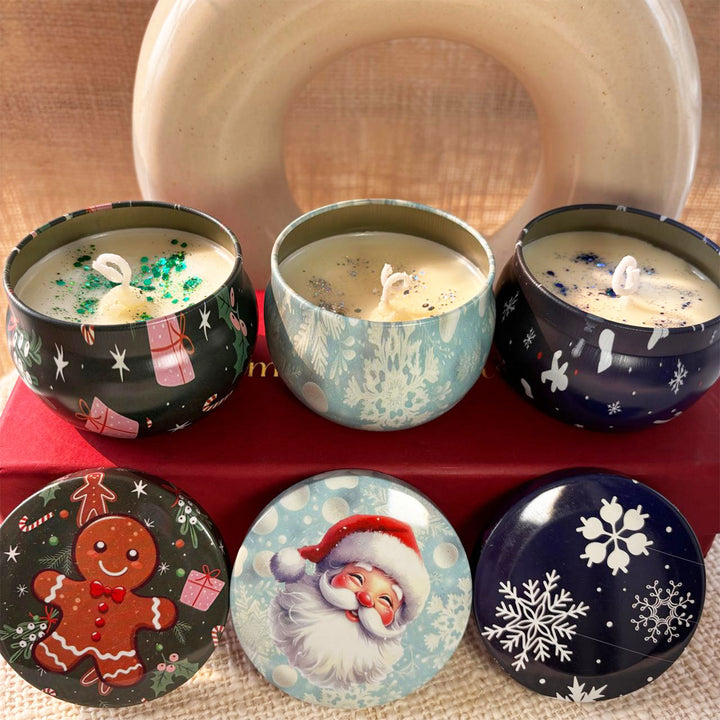 3 Pc | Assorted Handmade Christmas Theme Soy Wax Tin Candles