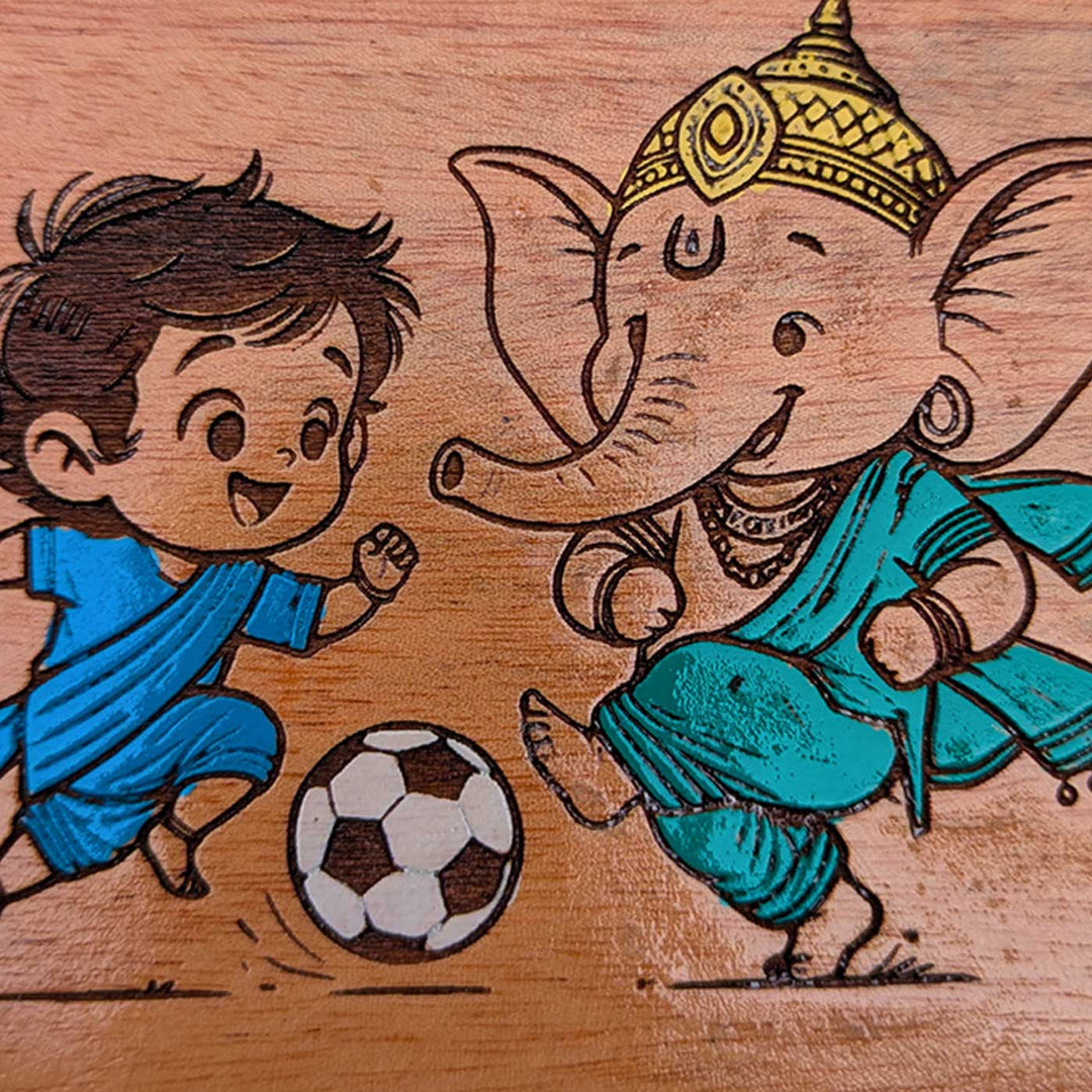 Engraved & Hand-Painted Football Ganesha Mahogany Wood Fridge Magnet