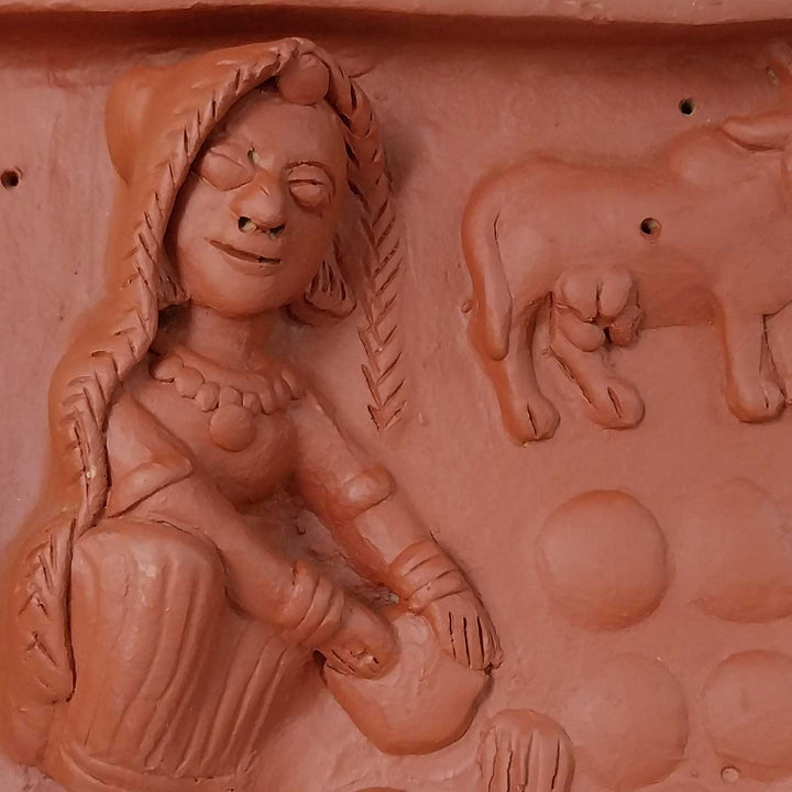 9 x 9 Inch | Women & Cow Dungs | 3D Handmade Terracotta Molela Mural Wall Art Tile