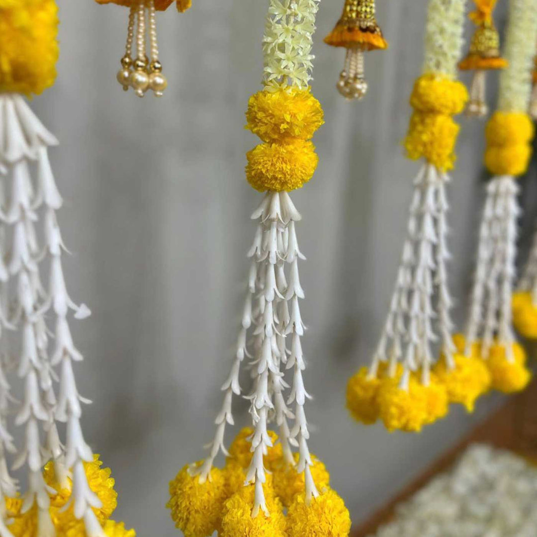 Traditional Yellow Backdrop Decor Kit With Drape, Yellow & White Tassels And Jasmine-Marigold Garlands