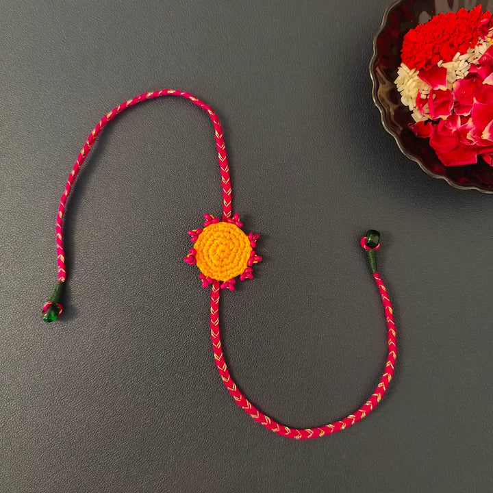 Handmade Crochet Beaded Round Ethnic Rakhi With Roli Chawal