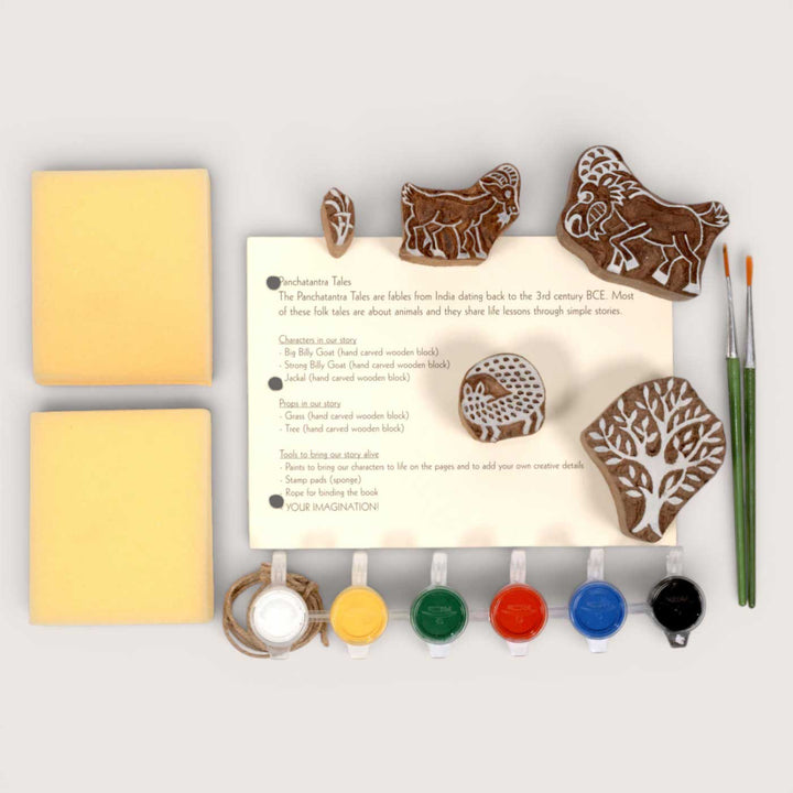 Goats and the Jackal Panchatantra Block Printing DIY Kit | 5 Stamps, Poster Colours, Painting Brush, Printing Pads, Story Cards  And Jute String