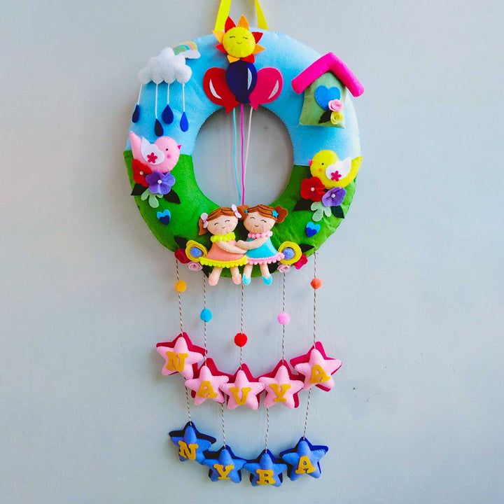 Personalized Multicolour Birds Theme Felt Kids Name Plate For Siblings