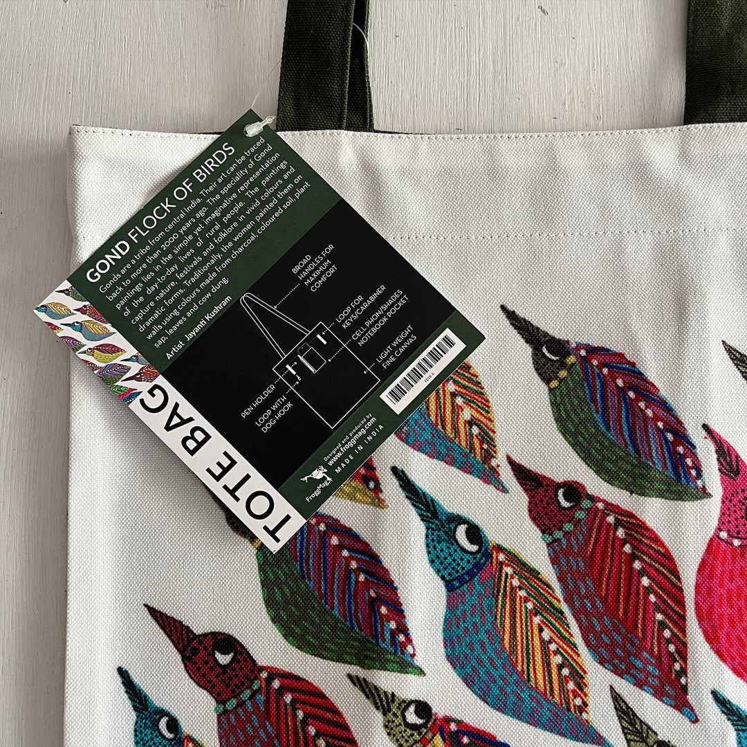 Hand-Painted Gond Art Folk Bird Harmony Canvas Tote Bag
