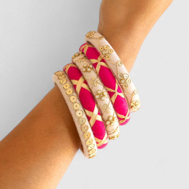 Pink & White Handcrafted Gotta Patti & Sequins Bangles | Set of 5