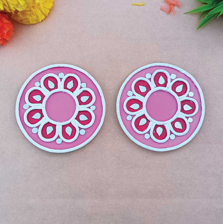 Handmade Pink Lippan Art Tealight Holder With Mirror Work | Set Of 2