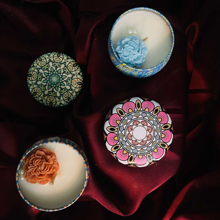 Set Of 4 | Handmade Mandala Design Tin Soy Wax Scented Candle