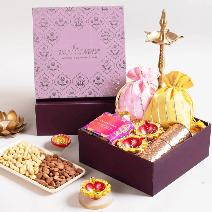 Celestial Diwali Corporate Gift Hamper | Includes 4 Cracker Chocolates, 2 Dry Fruit Potlis, 2 Copper Glasses, 2 Terracotta Diyas, 1 Gift Box