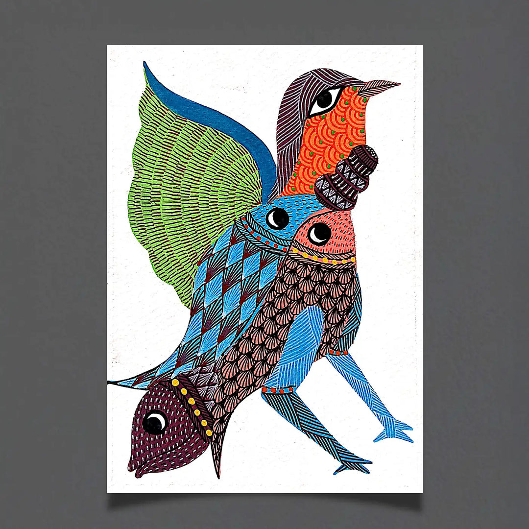6 x 8 Inch | Feathers and Fins | Original Hand painted Tribal Gond Art Painting | Acrylic Paints On Paper