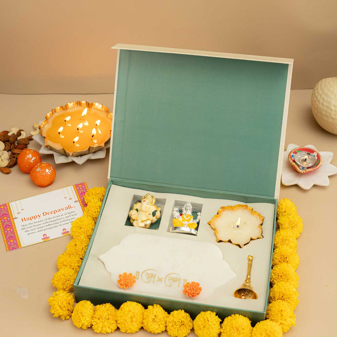 Handmade Aaradhya Gift Hamper | Includes 1 Ganesh, 1 Lakshmi, 1 Shubh Labh, 1 Bell, 1 Candle, 1 Card And 1 Box