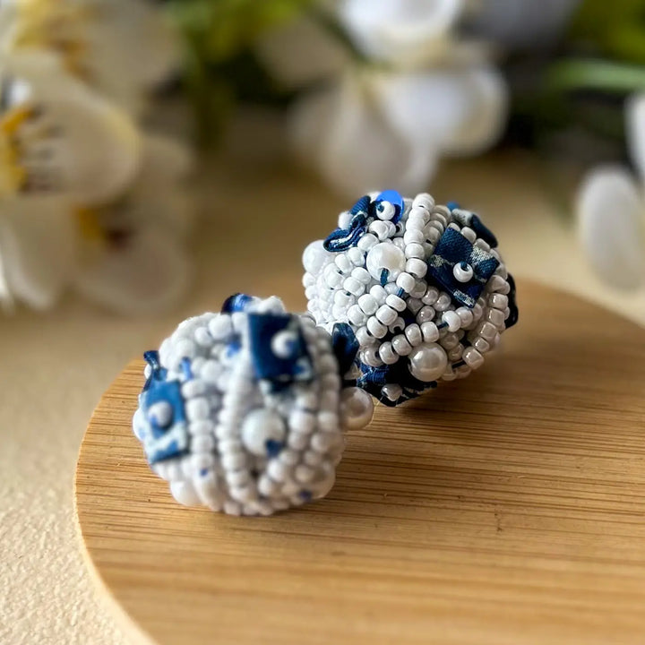Hand Embroidered Beaded Blue & White Round Chinoiserie Ceramic Pearls Cotton Earrings