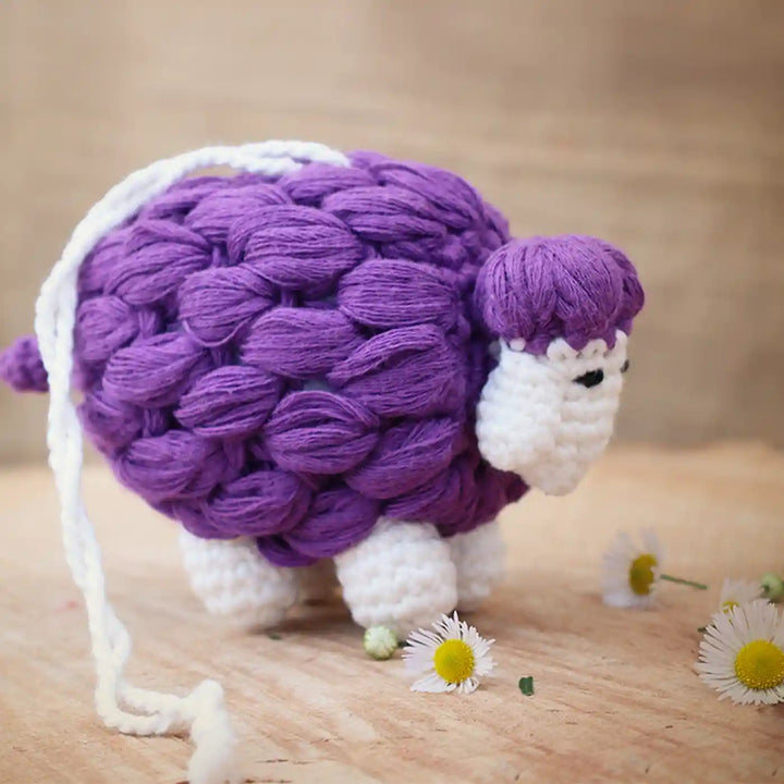 Handmade Crochet Sheep Theme Kids Rakhi And Toy Combo With Roli Chawal Set Of 2 - Side View on Wooden Surface