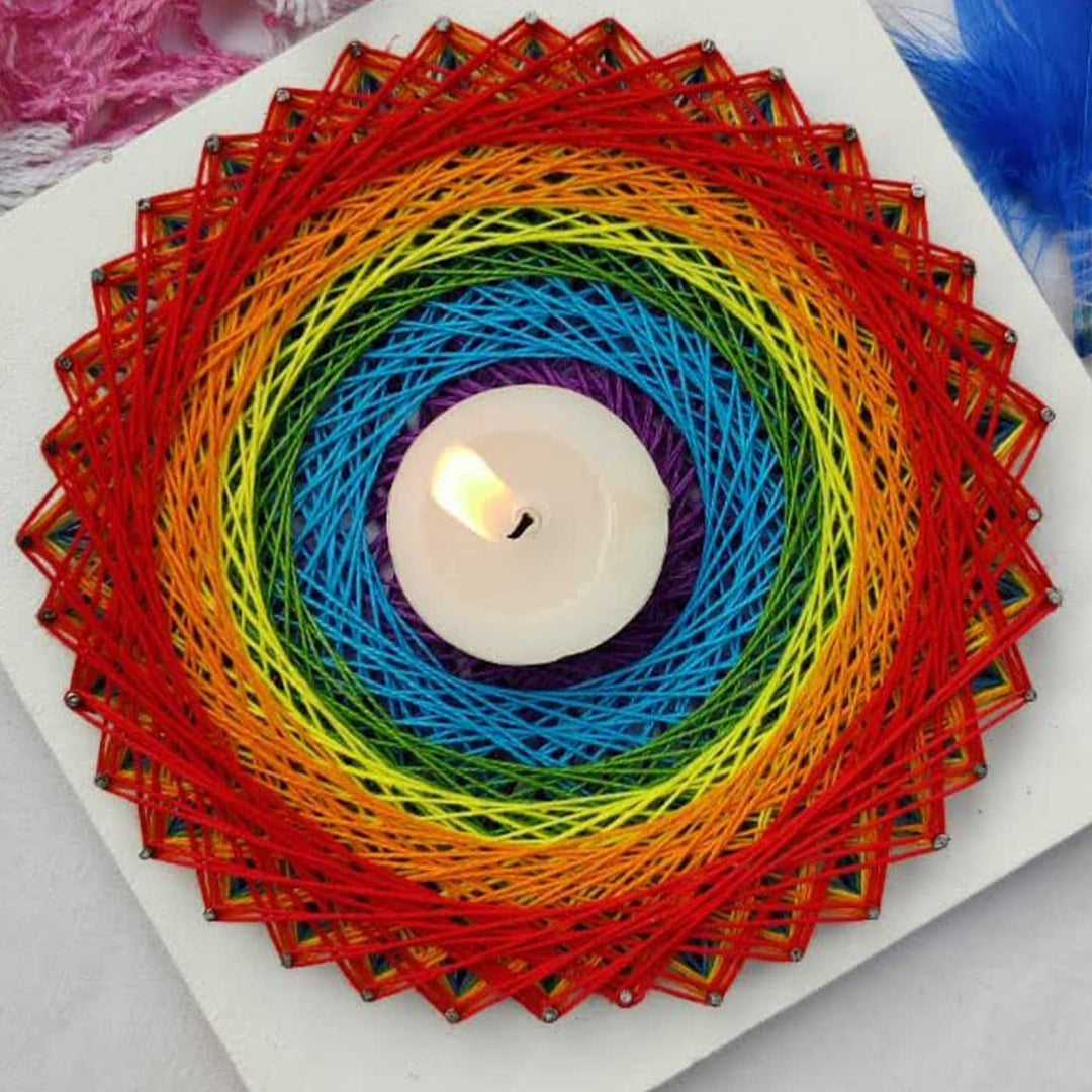 Handmade String Art Rainbow Design Wooden Tealight Holder With Tealight Candle