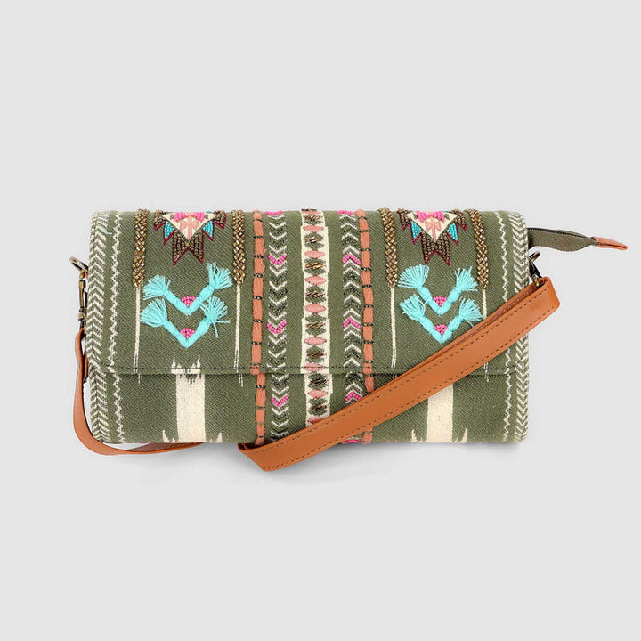 Handmade Embroidered Green Color Sling Bag
