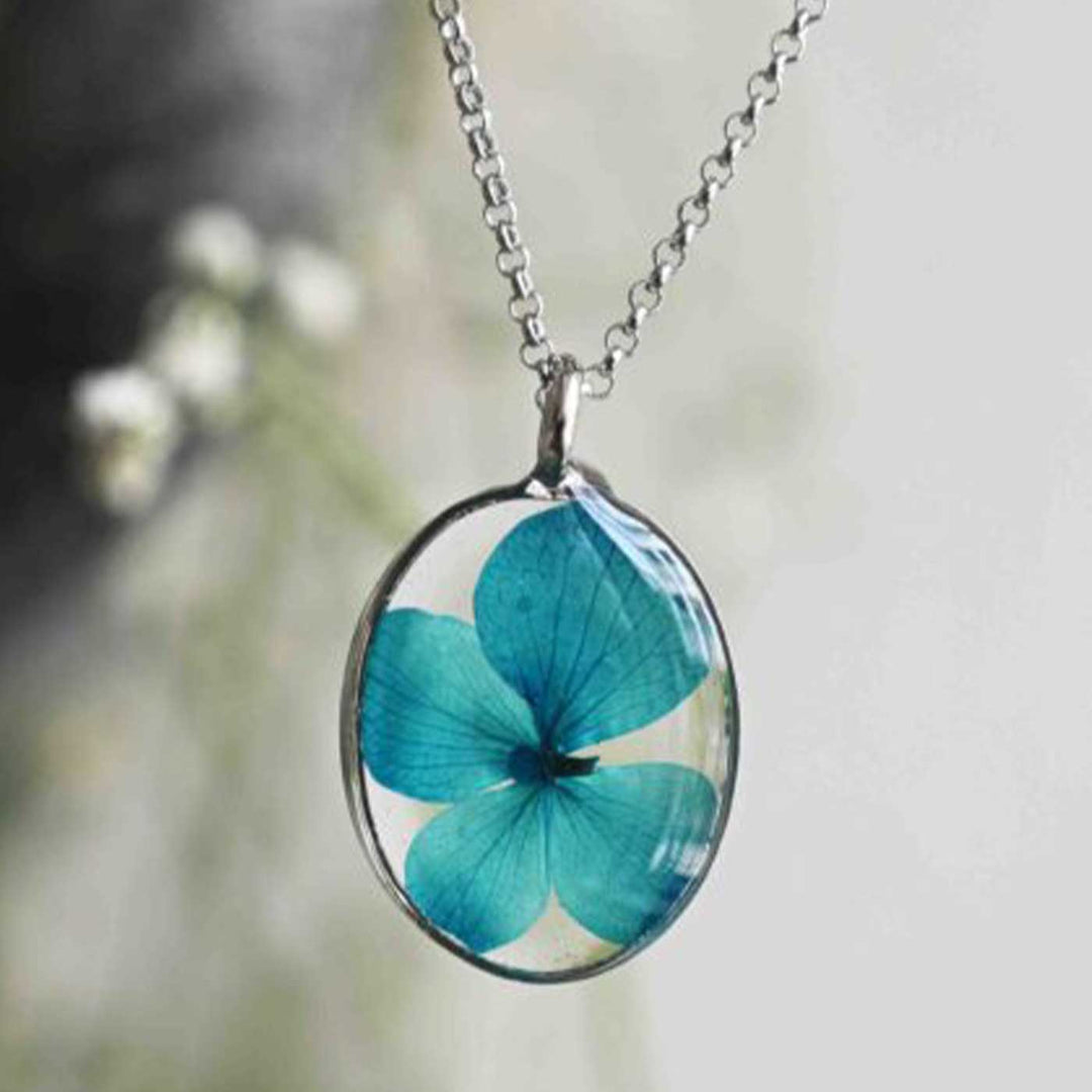 Handmade Preserved Flower Serenity Hydrangea Brass Necklace