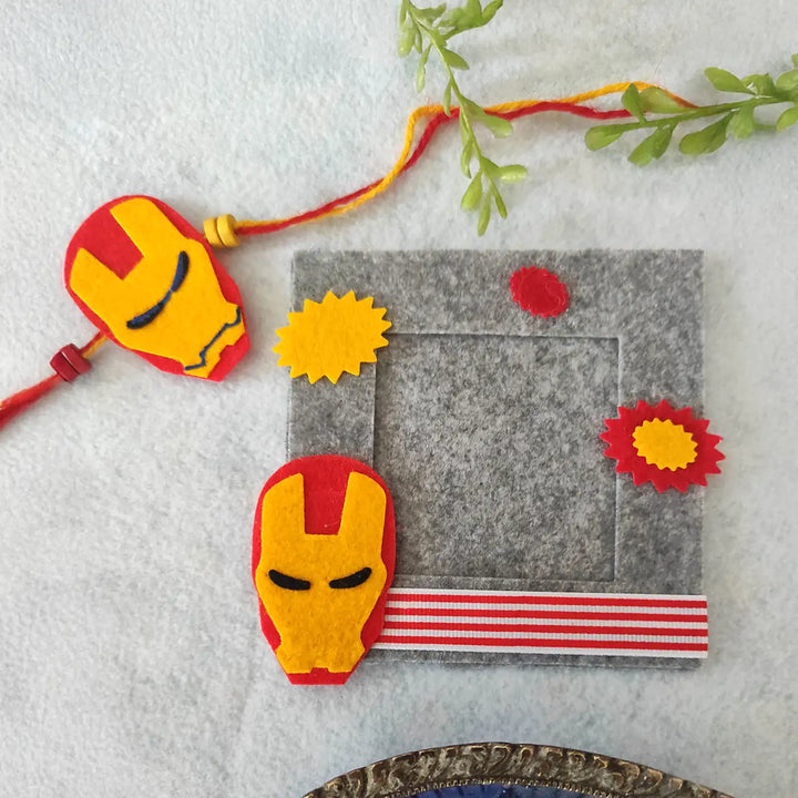 Photo Personalized Iron Man Theme Felt Rakhi Hamper With Roli Chawal Includes 1 Magnetic Photo Frame 1 Rakhi - Decorative Frame with Bracelet