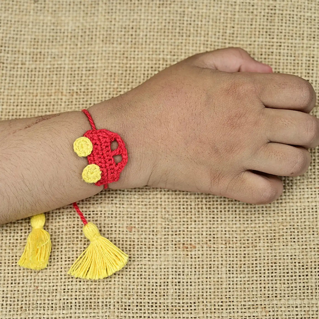 Handmade Crochet Car Theme Kids Rakhi With Roli Chawal