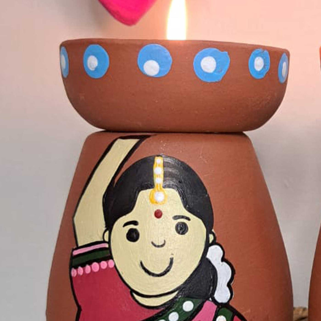 Hand-Painted Villager Theme Terracotta Tealight Holder | Set Of 2
