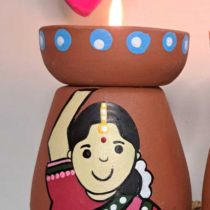 Hand-Painted Villager Theme Terracotta Tealight Holder | Set Of 2