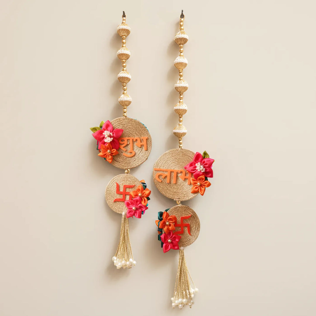 Handmade Beaded Reversible Floral Shubh Labh Hangings | Set Of 2