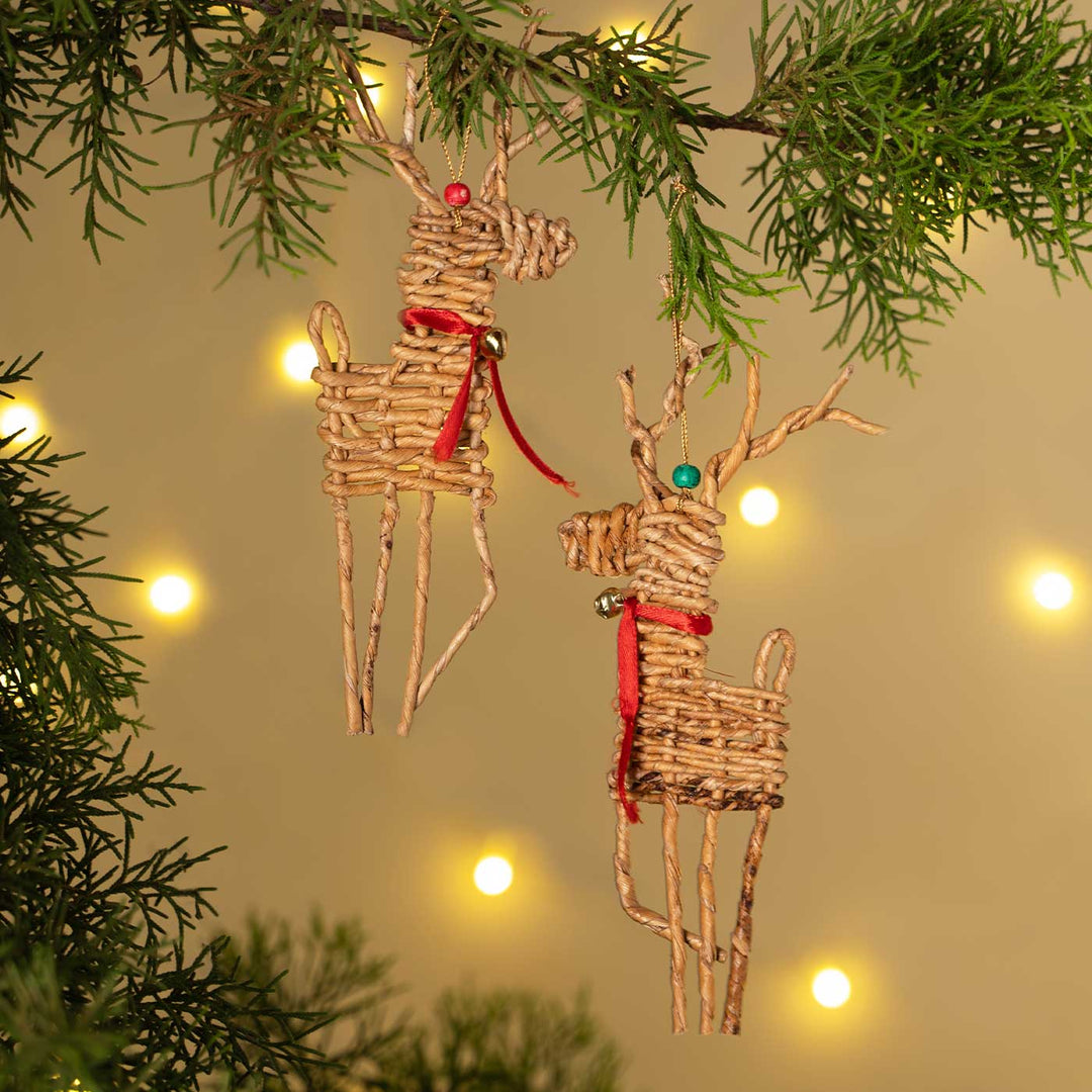 2 Pc | Handmade Banana Rope Reindeer Woven Hanging Ornaments
