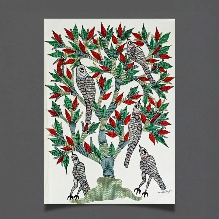16 x 23 Inch | Birds On Tree | Original Hand Painted Tribal Gond Art Painting | Acrylic Paint On Paper