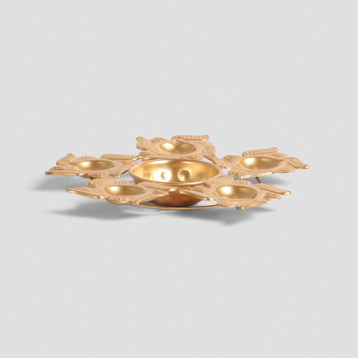 Handmade Etched Swastik Urli With 5 Diya Round For Festive Decor