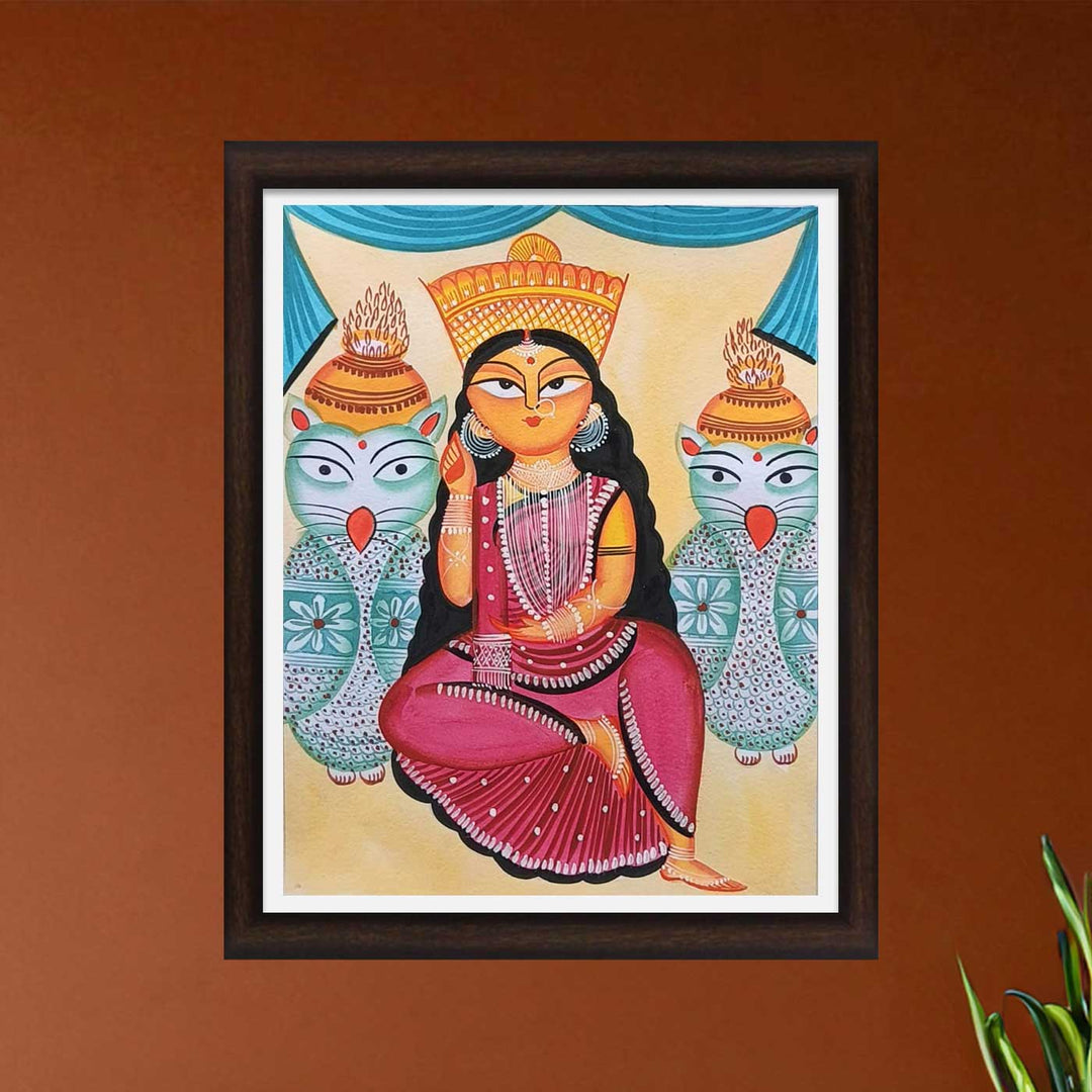 11 x 14 Inch | Lakshmi With Owls | Original Hand Painted Kalighat Painting | Natural Pigment On Paper