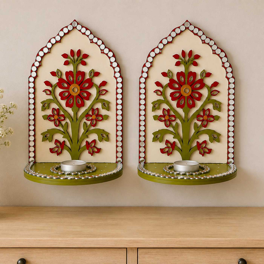 2 pc | Handcrafted Flower Mirror Work MDF Tealight Holders For Festive Decor