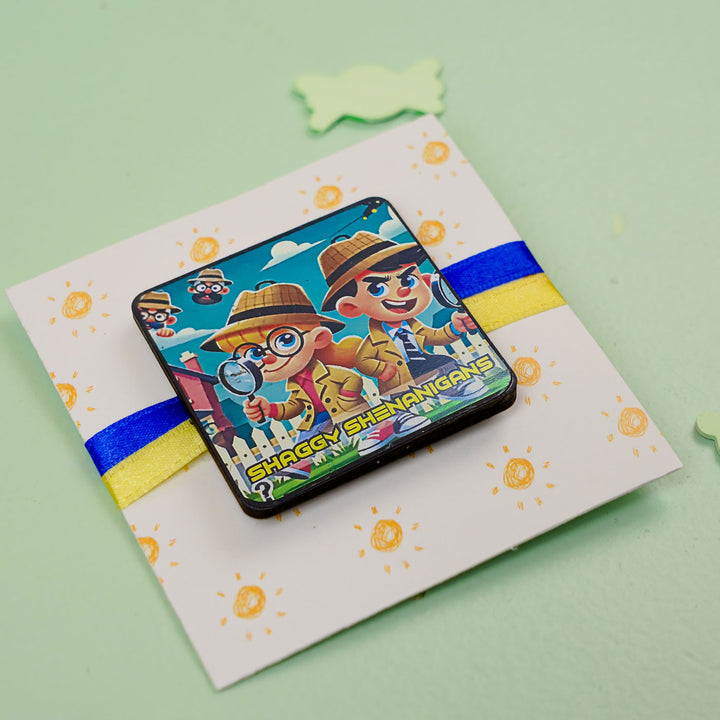 Handmade Reusable Shananigans Mdf Wood Rakhi With Roli Chawal For Siblings - Angled Top View with Wrapping