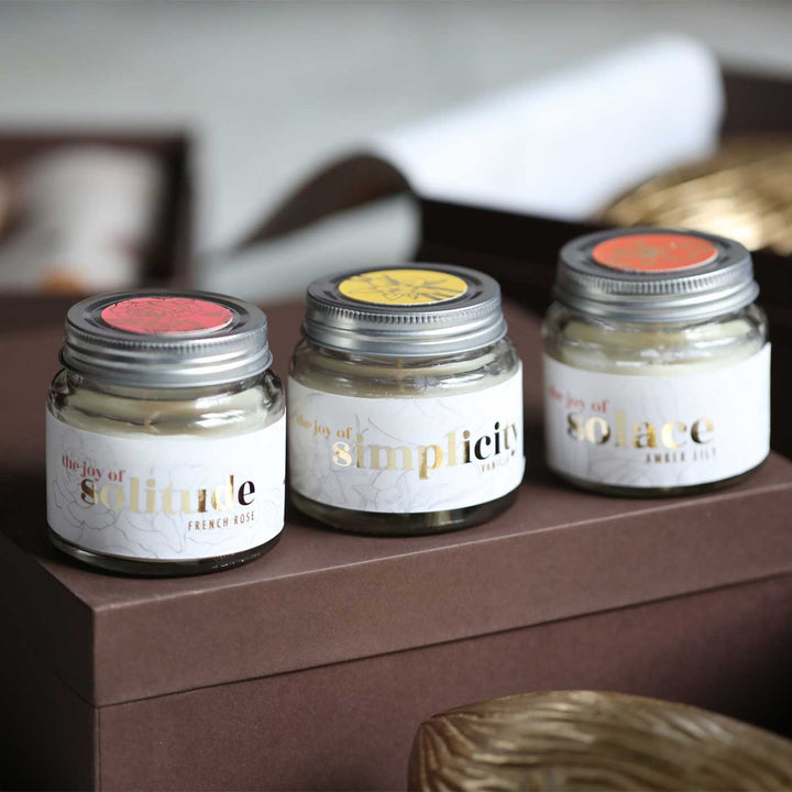 Handmade Charming Metal & Glass Gift Hamper | Includes 1 Almond Shape Box, 3 Candles