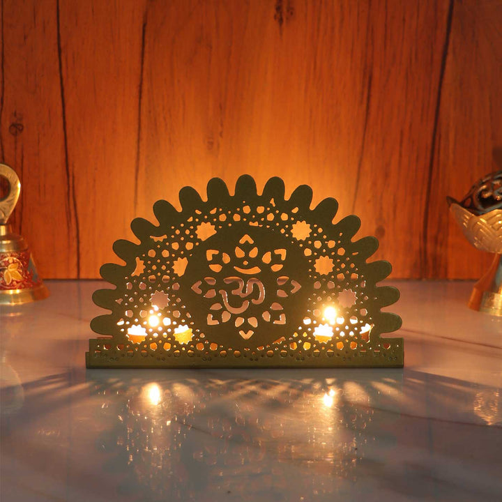 Handmade Om Motif Metal Tealight Holder For Pooja Room Decor