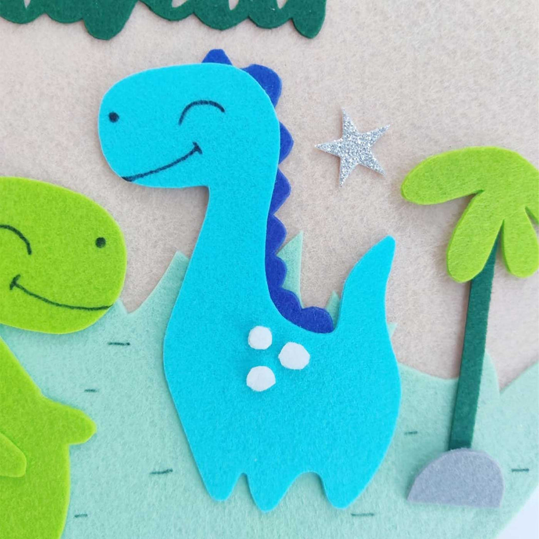 Personalized Handmade Dino Theme Felt Hoop Name Plate - Close-up on Felt Dinosaur AppliquÃ©
