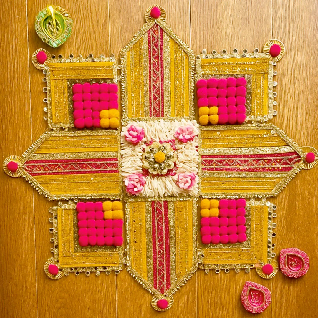 Reusable Embroidered Pink & Yellow Rangoli | Set Of 9