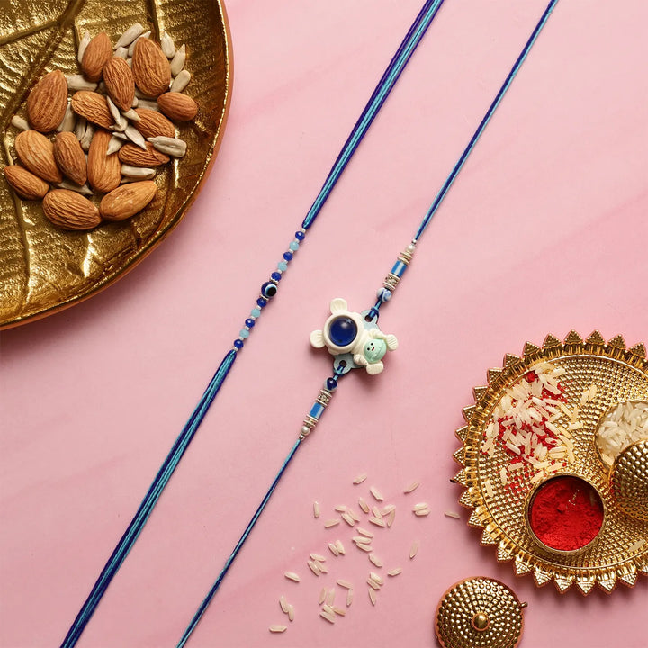 Handmade Astronaut & Evil Eye Kids Rakhi With Roli Chawal | Set Of 2