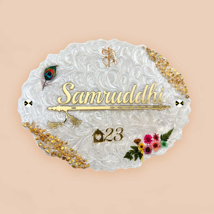 Personalized White Floral Theme Oval Resin & Acrylic Waterproof Name Plate