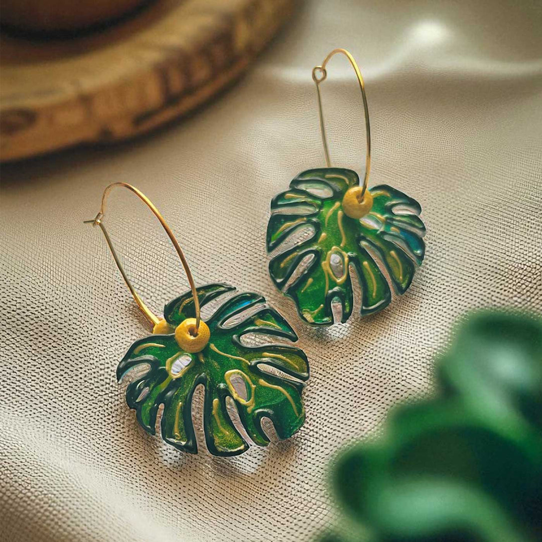 Handmade Laser Cut Monstera Leaf Design Hoop Acrylic Earrings