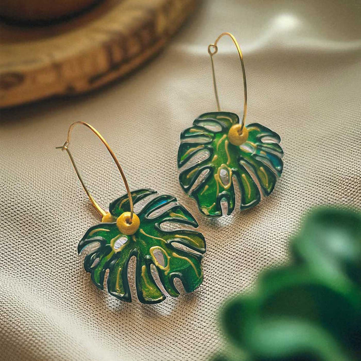 Handmade Laser Cut Monstera Leaf Design Hoop Acrylic Earrings