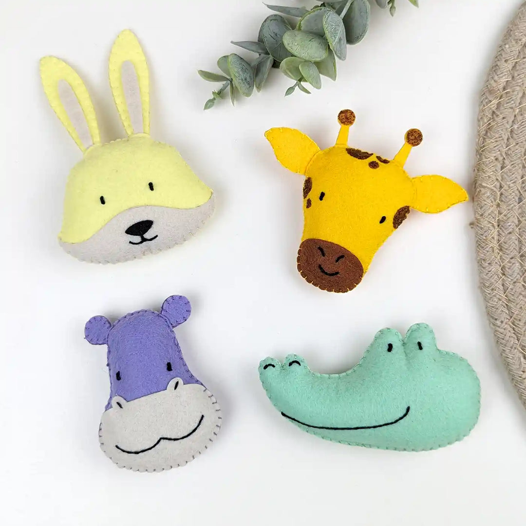 Handmade Rabbit, Hippopotamus, Crocodile & Giraffe Theme Felt Brooches | Set Of 4