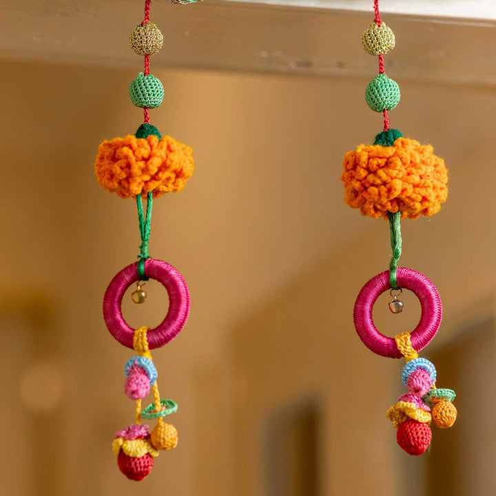 49 Inch | Intricate Realistic Crochet Marigold Pink Rings Design Cotton Toran