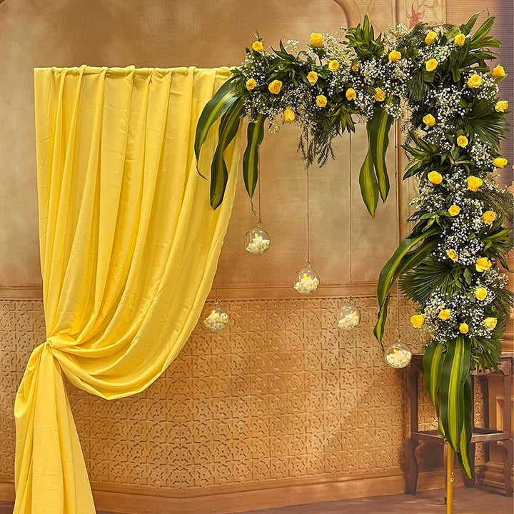 Butter Yellow Drape Backdrop Decor Kit With Stand & Hanging Glass Balls