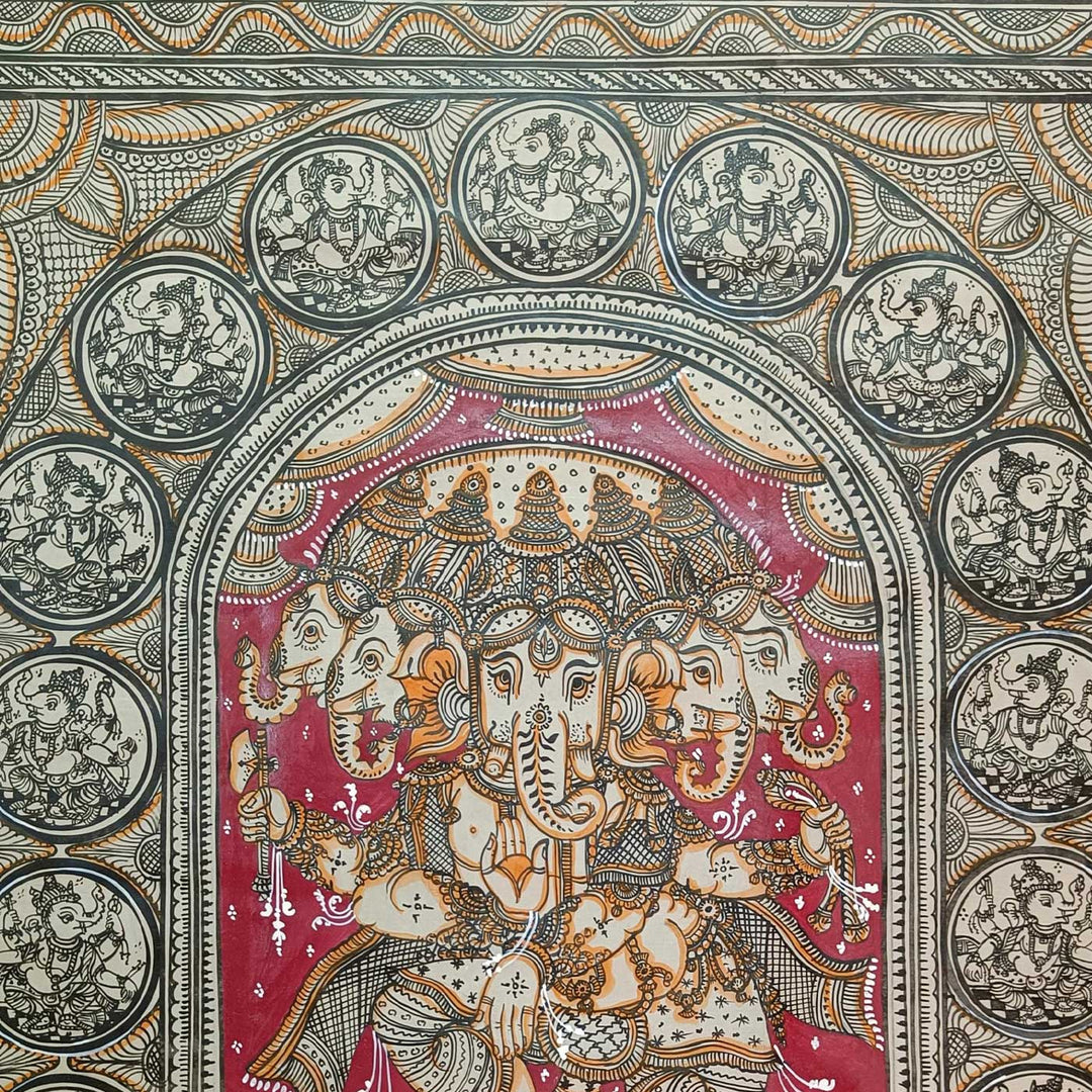 20 X 30 Inch | Handmade Silk Dancing Panchamukhi Ganesha Painting