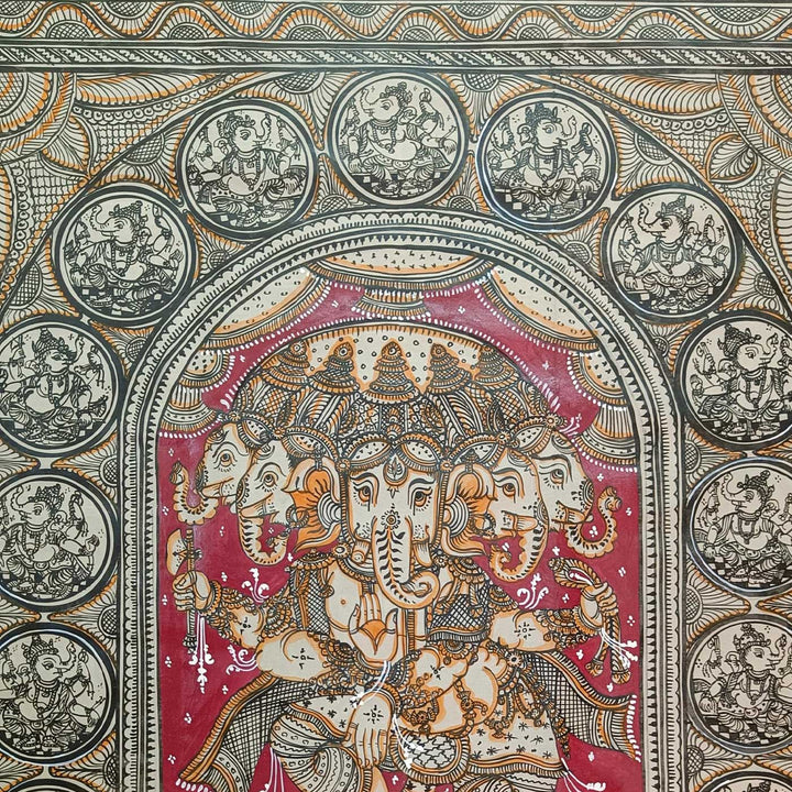 20 X 30 Inch | Handmade Silk Dancing Panchamukhi Ganesha Painting