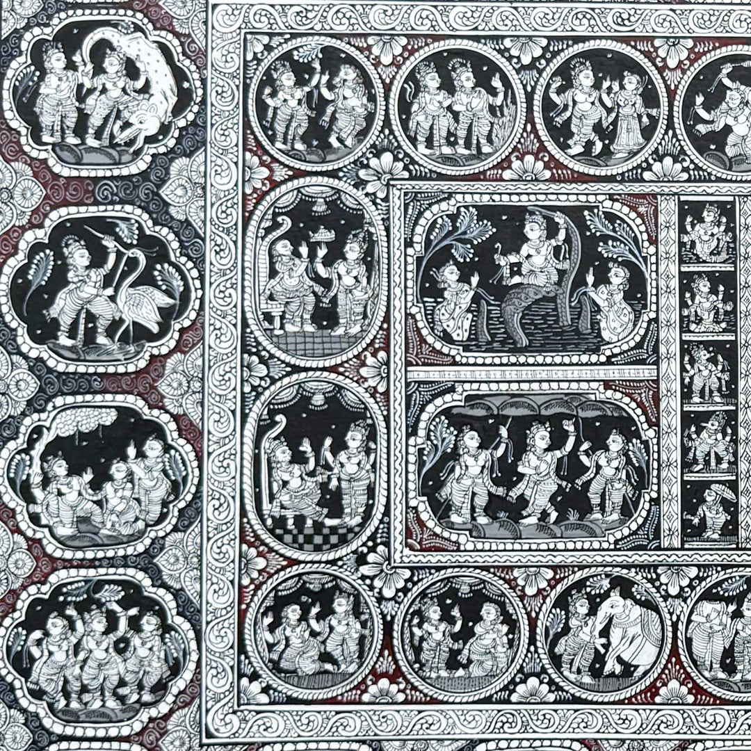 40 x 24 Inch | Handmade Canvas Krishna Rasleela with Krishna Lifestory Painting