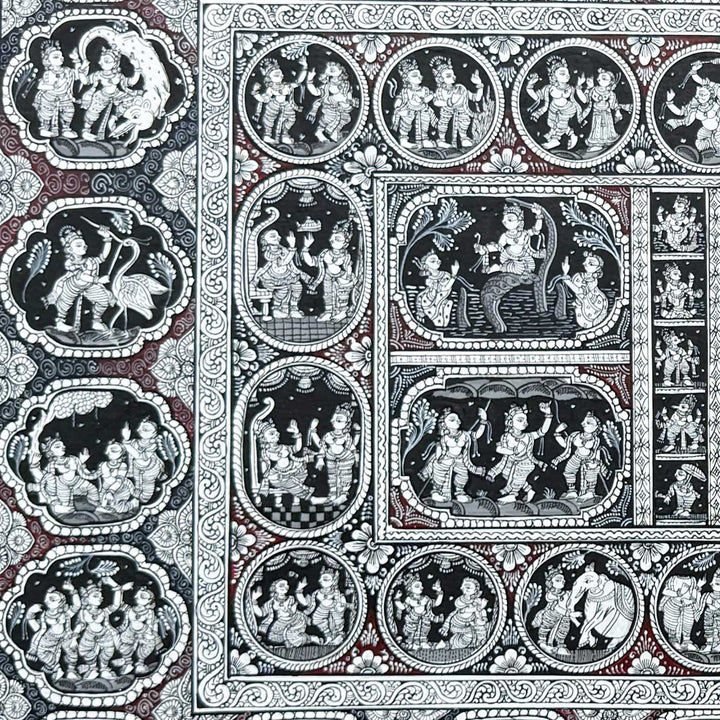 40 x 24 Inch | Handmade Canvas Krishna Rasleela with Krishna Lifestory Painting