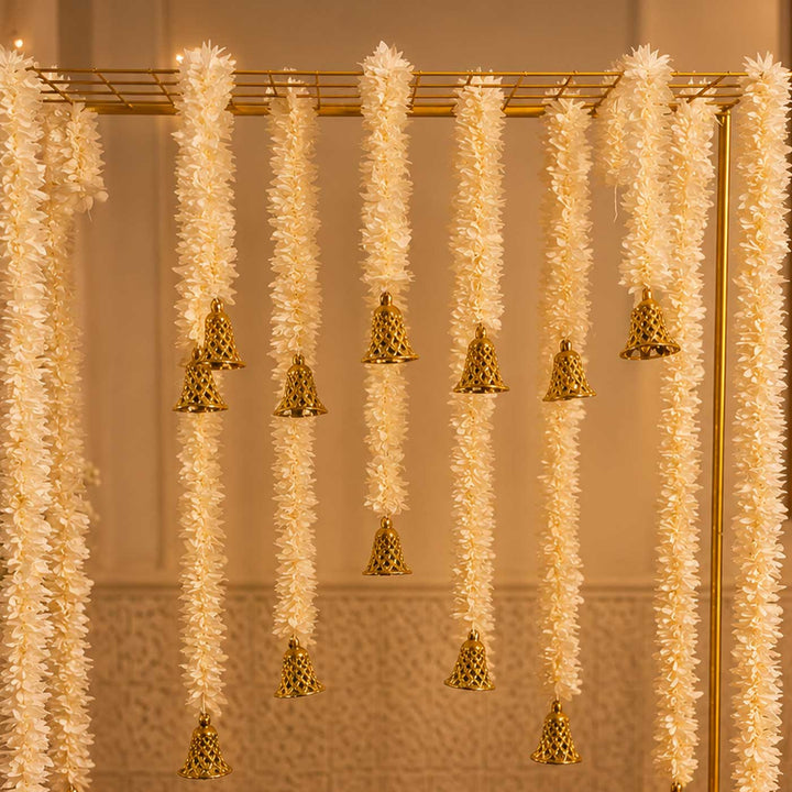 White Tassel Pooja Backdrop Decor Kit With Jaali Stand & 12 Hanging Tassels