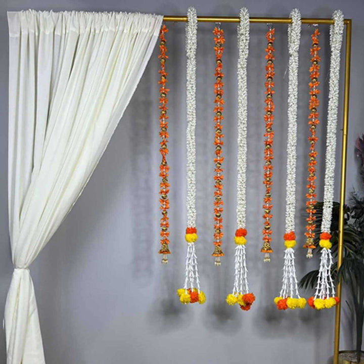 Traditional Orange Tassel Backdrop Decor Kit With Off-White Drape & Jasmine-Marigold Garlands